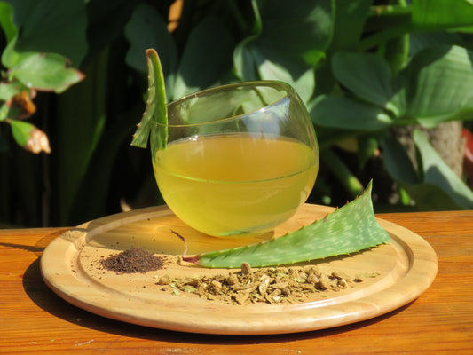 A refreshing glass of Swedish Bitters Kombucha with a display of all the ingredients.